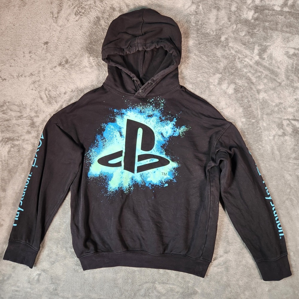 H&M PlayStation Hoodie Mens Large Black Splatter Graphic Pullover Sweatshirt